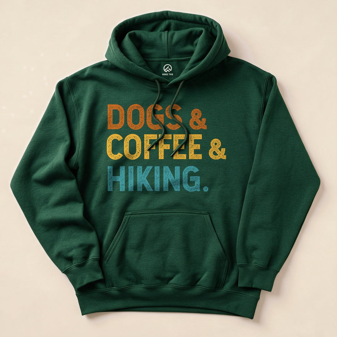 Forest Green Dogs & Coffee & Hiking Hoodie with bold retro text