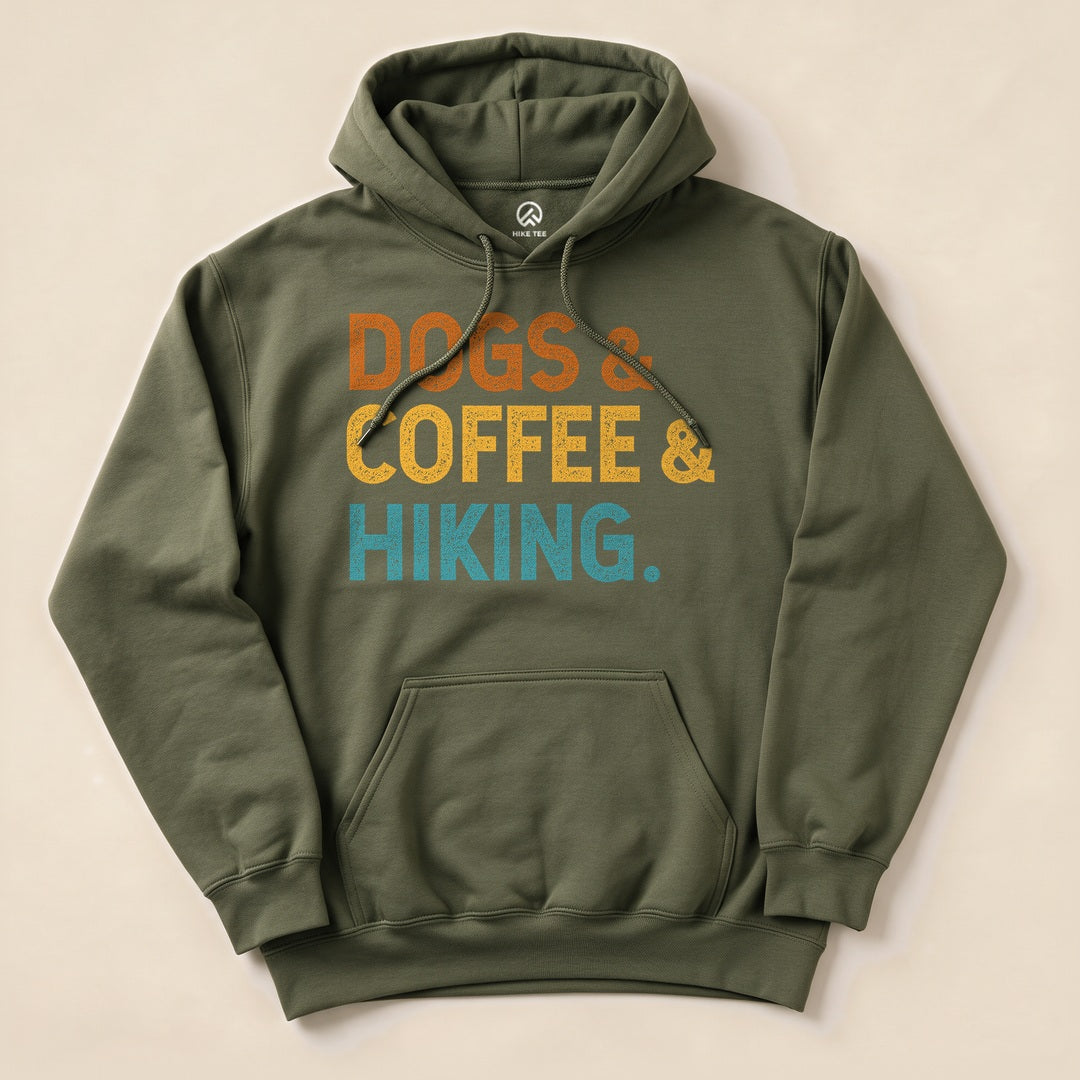 Military Green Dogs & Coffee & Hiking Hoodie with bold retro text