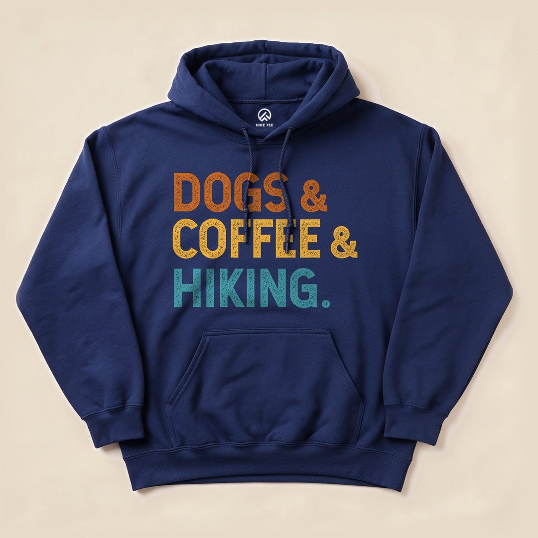 Navy Dogs & Coffee & Hiking Hoodie with bold retro text