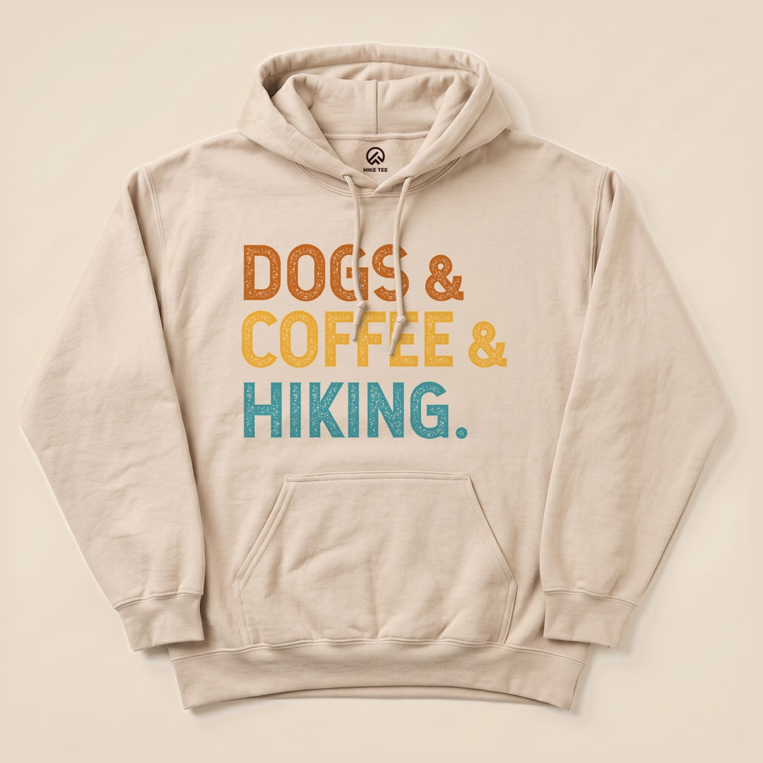 Sand Dogs & Coffee & Hiking Hoodie with bold retro text