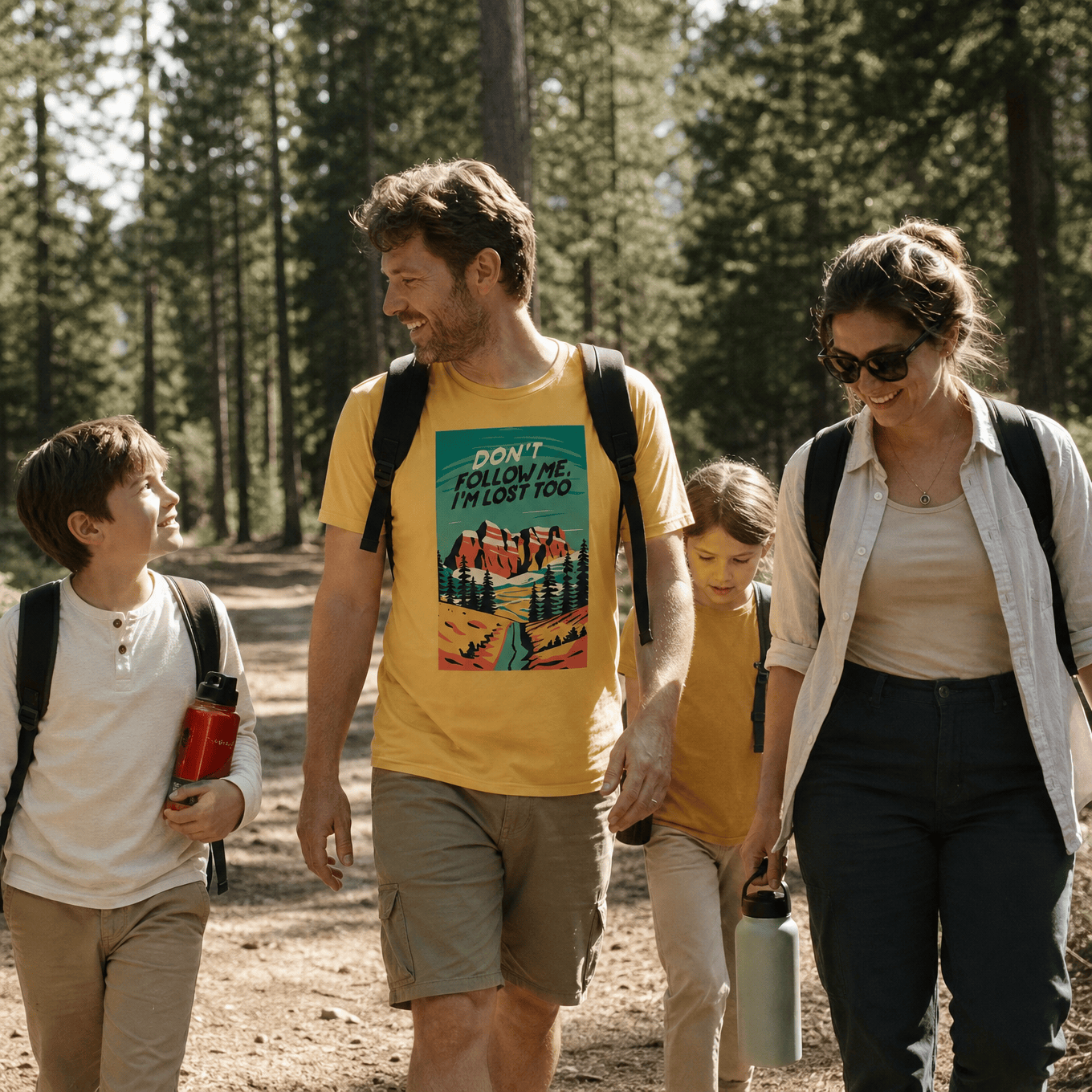 A family hikes along a wooded trail, with the father wearing a yellow graphic t-shirt that says "Don't Follow Me, I'm Lost To