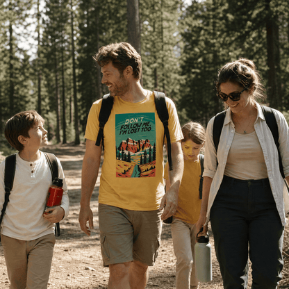 A family hikes along a wooded trail, with the father wearing a yellow graphic t-shirt that says "Don't Follow Me, I'm Lost To