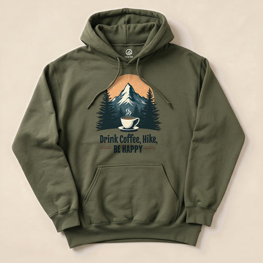 An olive green hoodie features a graphic of a steaming coffee cup set against a mountain and forest backdrop, captioned, "Drink Coffee, Hike, Be Happy.