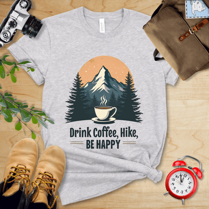 Printify T-Shirt Athletic Heather / S Drink Coffee, Hike, Be Happy Shirt