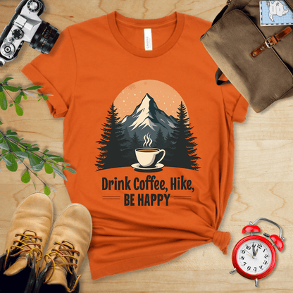 Printify T-Shirt Autumn / S Drink Coffee, Hike, Be Happy Shirt