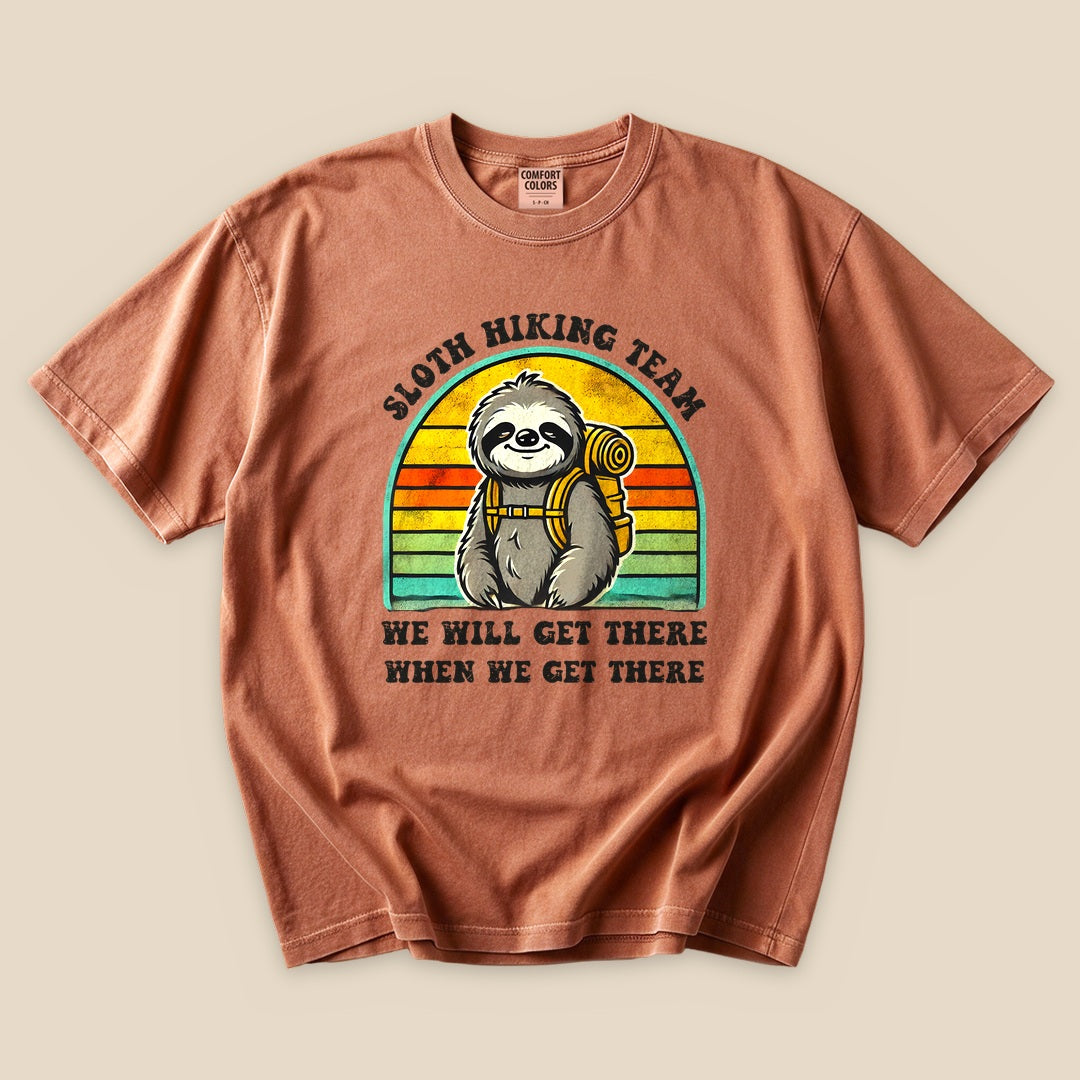 Yam Sloth Hiking Team T-Shirt with a backpacking sloth and retro sunset stripes graphic