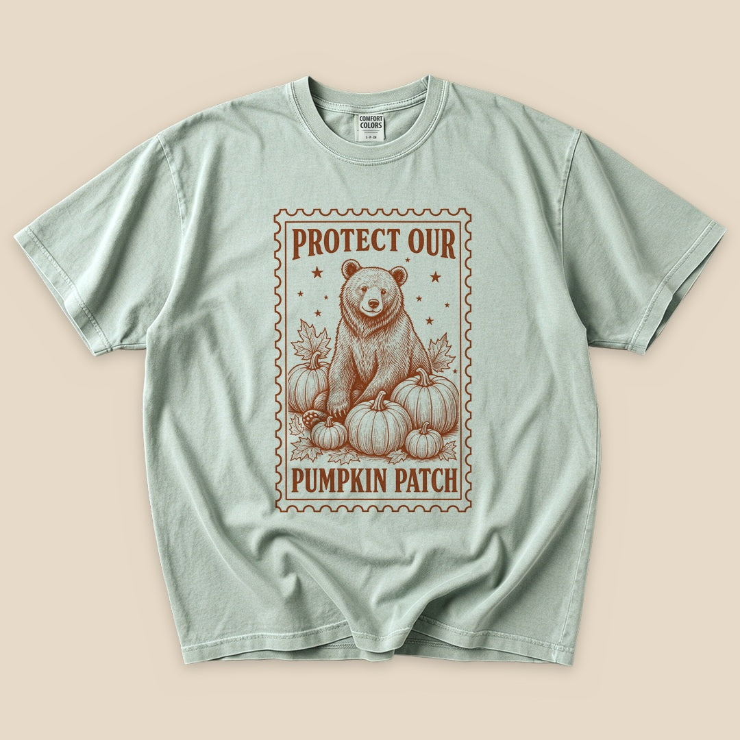 Bay Protect Our Pumpkin Patch T-Shirt with a vintage bear guarding a pumpkin patch graphic