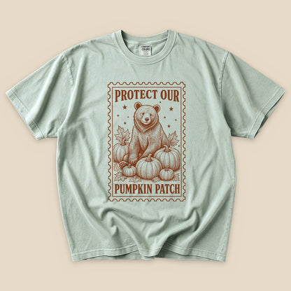 Bay Protect Our Pumpkin Patch T-Shirt with a vintage bear guarding a pumpkin patch graphic
