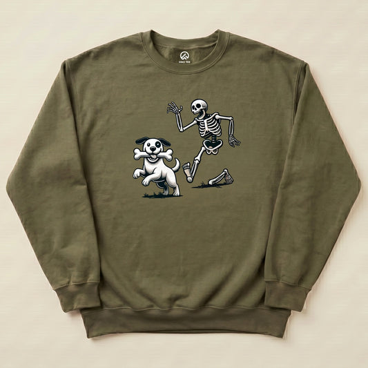 A graphic sweatshirt featuring a playful skeleton and a dog holding a bone, titled "Skeleton and Dog Halloween Sweatshirt.