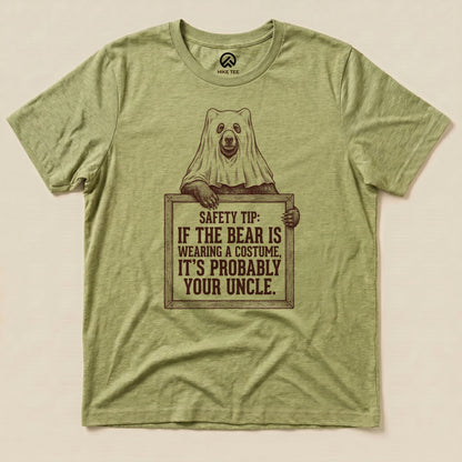 Heather Green Bear Safety Tip Shirt with a bear in a ghost sheet holding a safety tip sign graphic