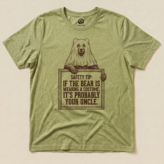 Heather Green Bear Safety Tip Shirt with a bear in a ghost sheet holding a safety tip sign graphic