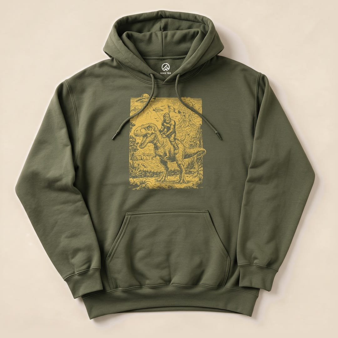 A graphic t-shirt featuring a humorous design of Bigfoot riding a dinosaur against a detailed backdrop, labeled "Bigfoot Dinosaur Hoodie.
