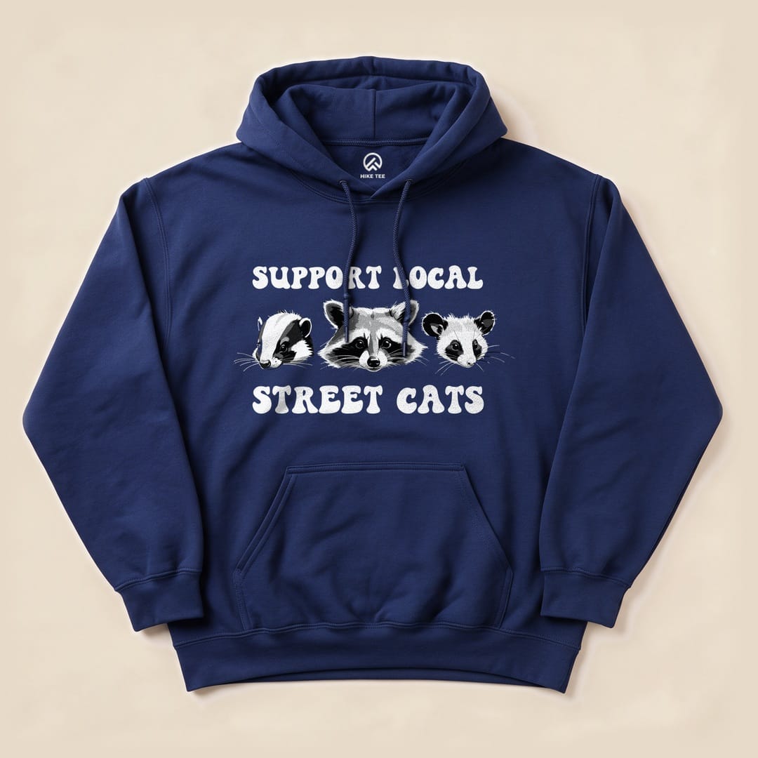 Navy Street Cats Hoodie with a skunk, raccoon and possum graphic