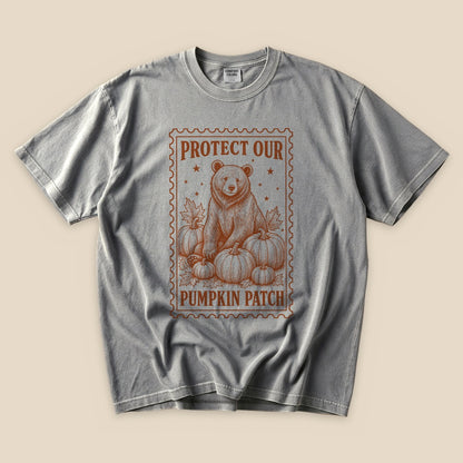 Grey Protect Our Pumpkin Patch T-Shirt with a vintage bear guarding a pumpkin patch graphic