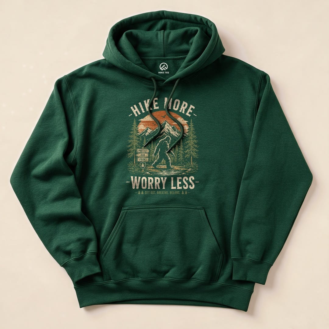 Graphic Hike More, Worry Less Bigfoot Hoodie in dark green featuring a Bigfoot illustration among trees and mountains.