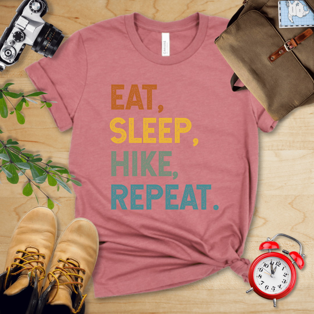 Printify T-Shirt Heather Mauve / S Eat, Sleep, Hike, Repeat Shirt