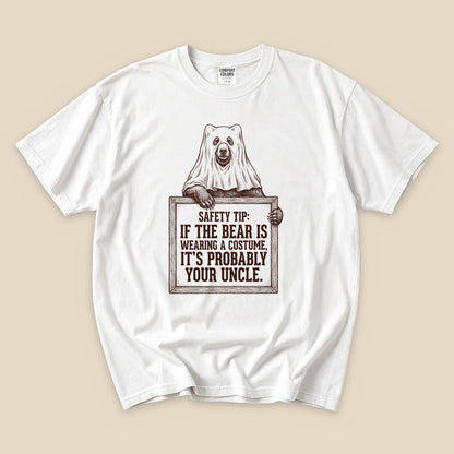 White Bear Safety Tip T-Shirt with a bear in a ghost costume and a funny safety tip graphic