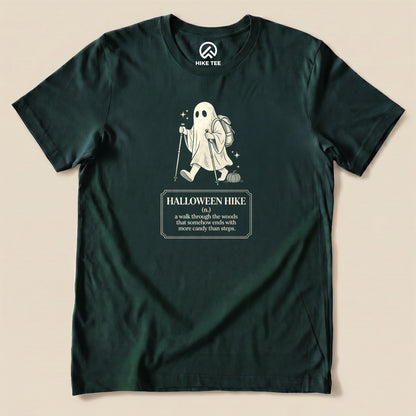 Forest Halloween Hike Definition Shirt with a ghost hiker with a walking stick and a Halloween hike definition graphic