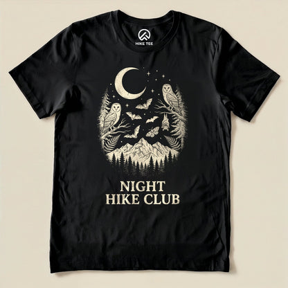 Black Night Hike Club Shirt with a crescent moon, owls, bats and mountains graphic