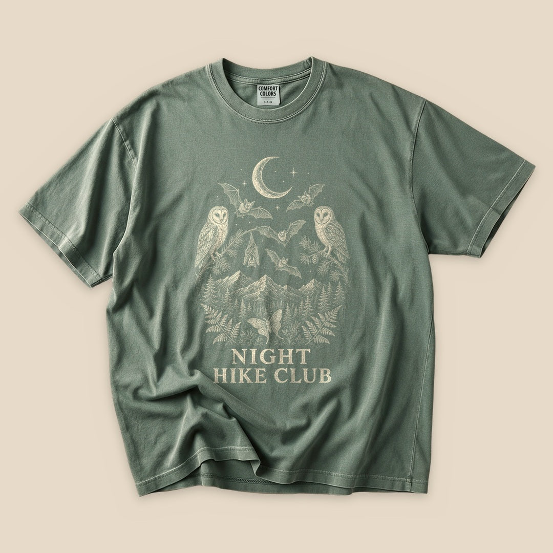 Moss Night Hike Club Engraved T-Shirt with an engraved owls, bats and night mountains graphic