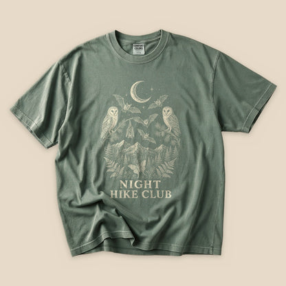 Moss Night Hike Club Engraved T-Shirt with an engraved owls, bats and night mountains graphic