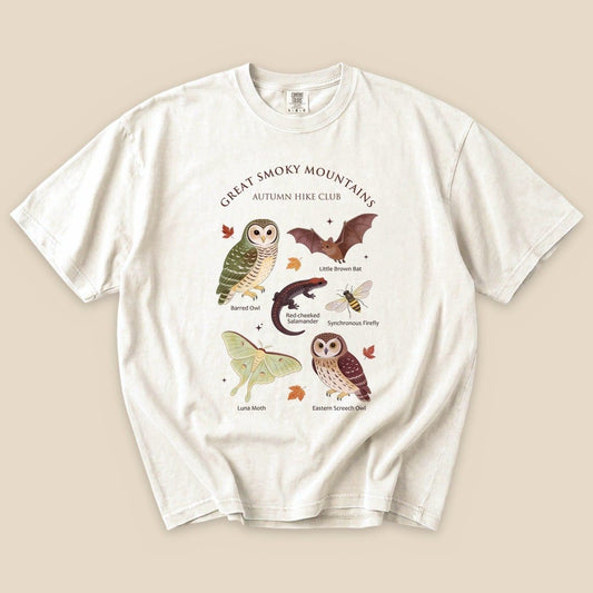Ivory Great Smoky Field Guide T-Shirt with a Great Smoky Mountains autumn wildlife field guide graphic