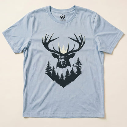 A light blue graphic t-shirt featuring an elk head with antlers surrounded by trees, labeled as the Elk Shape Shirt.