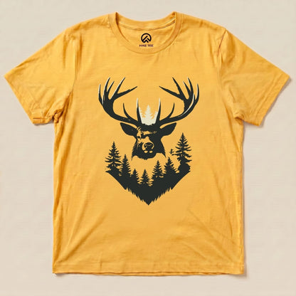 A flat lay of the Elk Shape Shirt features a graphic of a majestic elk head with antlers and trees, set on a vibrant yellow background.