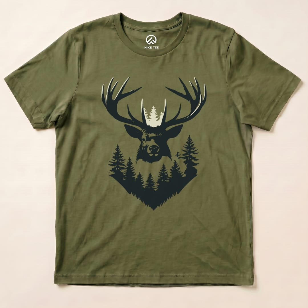 This graphic t-shirt, called the Elk Shape Shirt, features a striking black and white elk head design with trees beneath it.
