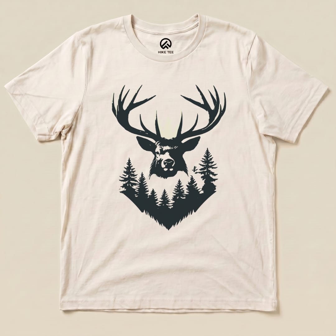 The graphic t-shirt features an elk head with large antlers surrounded by stylized trees, titled "Elk Shape Shirt".