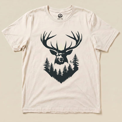 The graphic t-shirt features an elk head with large antlers surrounded by stylized trees, titled "Elk Shape Shirt".