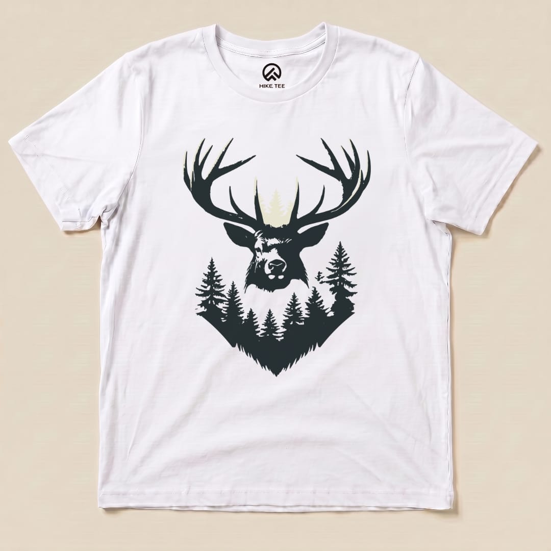 A graphic t-shirt featuring a striking elk head with antlers, surrounded by pine trees in a silhouette design, named "Elk Shape Shirt".
