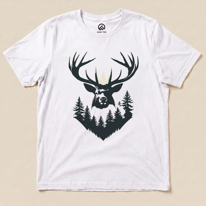 A graphic t-shirt featuring a striking elk head with antlers, surrounded by pine trees in a silhouette design, named "Elk Shape Shirt".