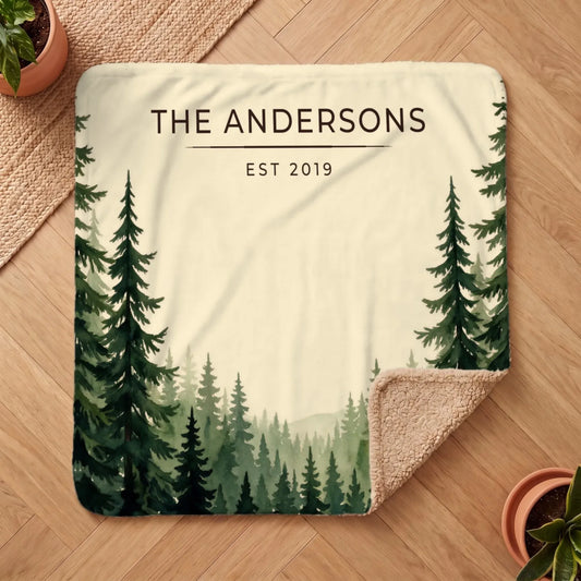 A cozy Evergreen Forest Treetops Sherpa Blanket featuring a lush tree design and personalized name detail, perfect for nature lovers.