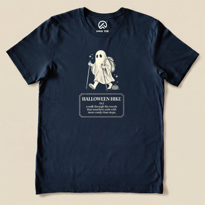 Navy Halloween Hike Definition Shirt with a ghost hiker with a walking stick and a Halloween hike definition graphic