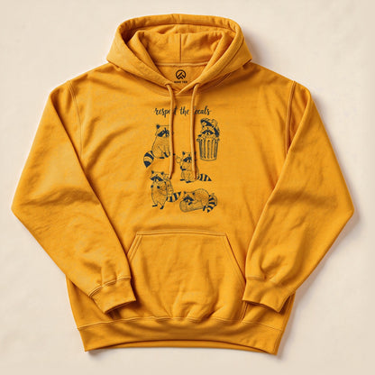 Gold Respect the Raccoons Hoodie with a funny raccoon trash can graphic