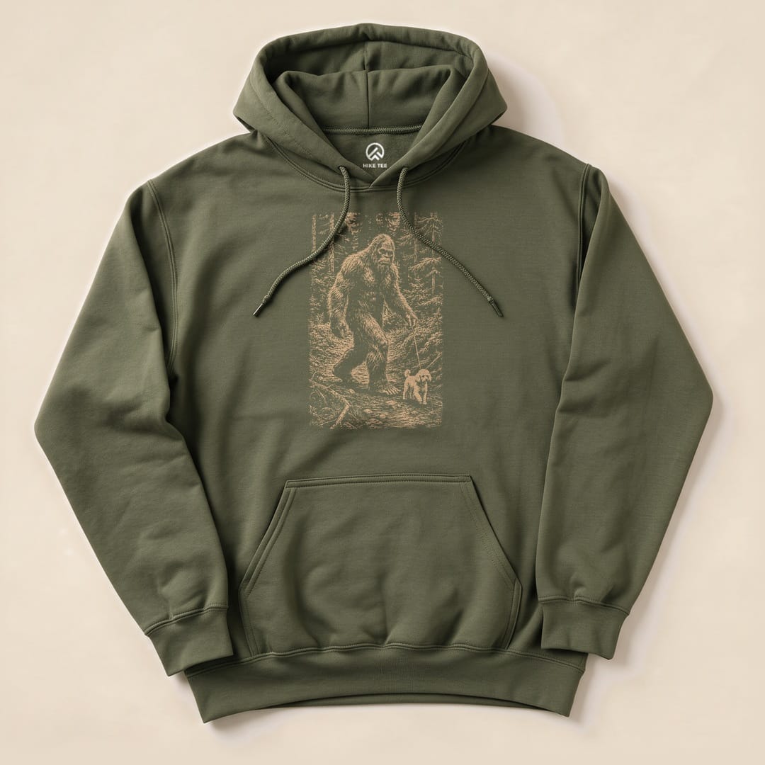 A green "Walking the Dog Hoodie" featuring a graphic of Bigfoot walking a small dog in a forest scene, laid flat on a light background.