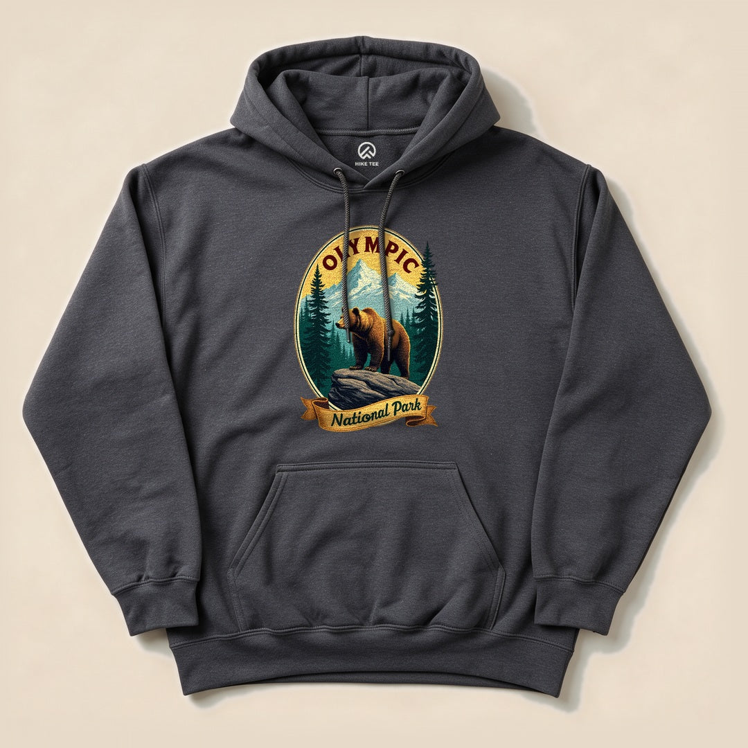 Dark Heather Olympic National Park Bear Hoodie with a vintage bear and mountains badge graphic