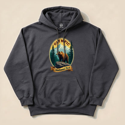Dark Heather Olympic National Park Bear Hoodie with a vintage bear and mountains badge graphic