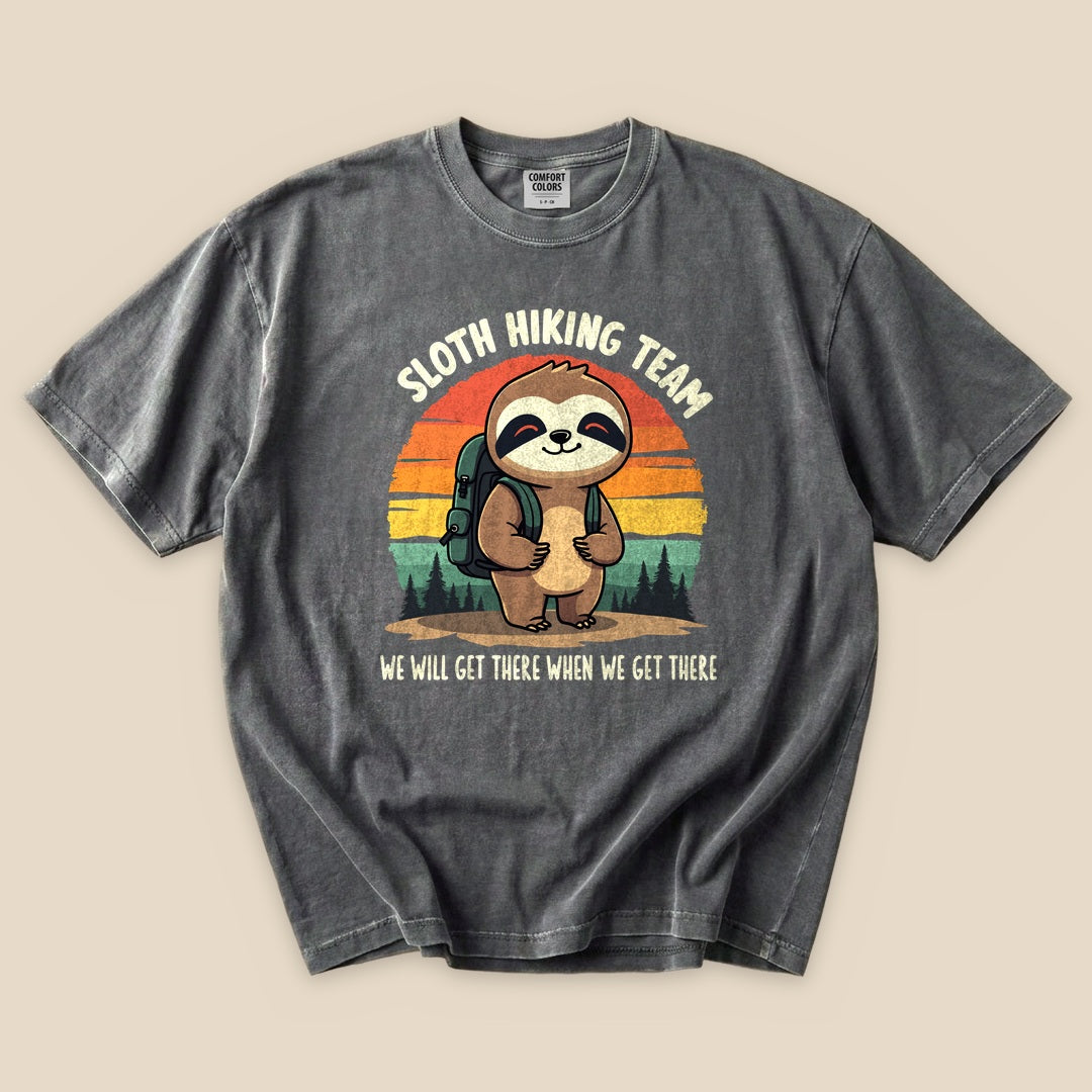 Pepper Sloth Hiking Team T-Shirt with a hiking sloth and retro forest sunset graphic
