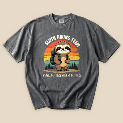 Pepper Sloth Hiking Team T-Shirt with a hiking sloth and retro forest sunset graphic