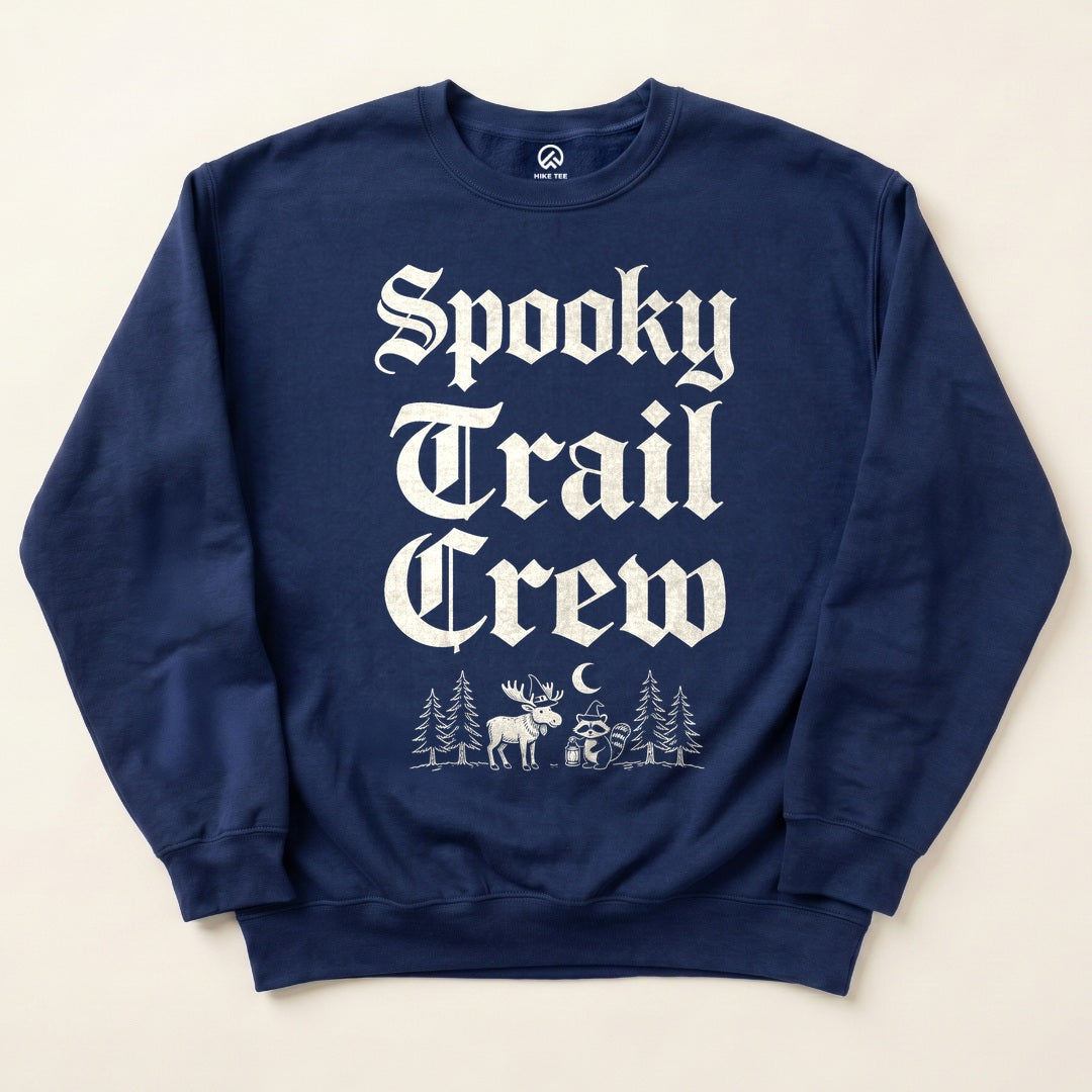 Navy Spooky Trail Crew Sweatshirt with gothic Spooky Trail Crew lettering with a moose and a raccoon graphic