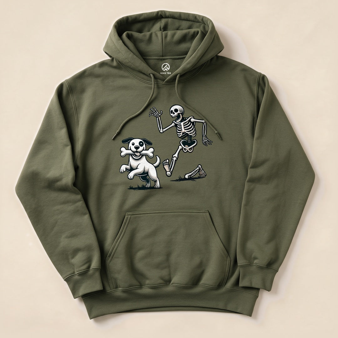 The graphic t-shirt features a playful design of a skeleton and a dog joyfully running together, titled "Skeleton and Dog Halloween Hoodie.