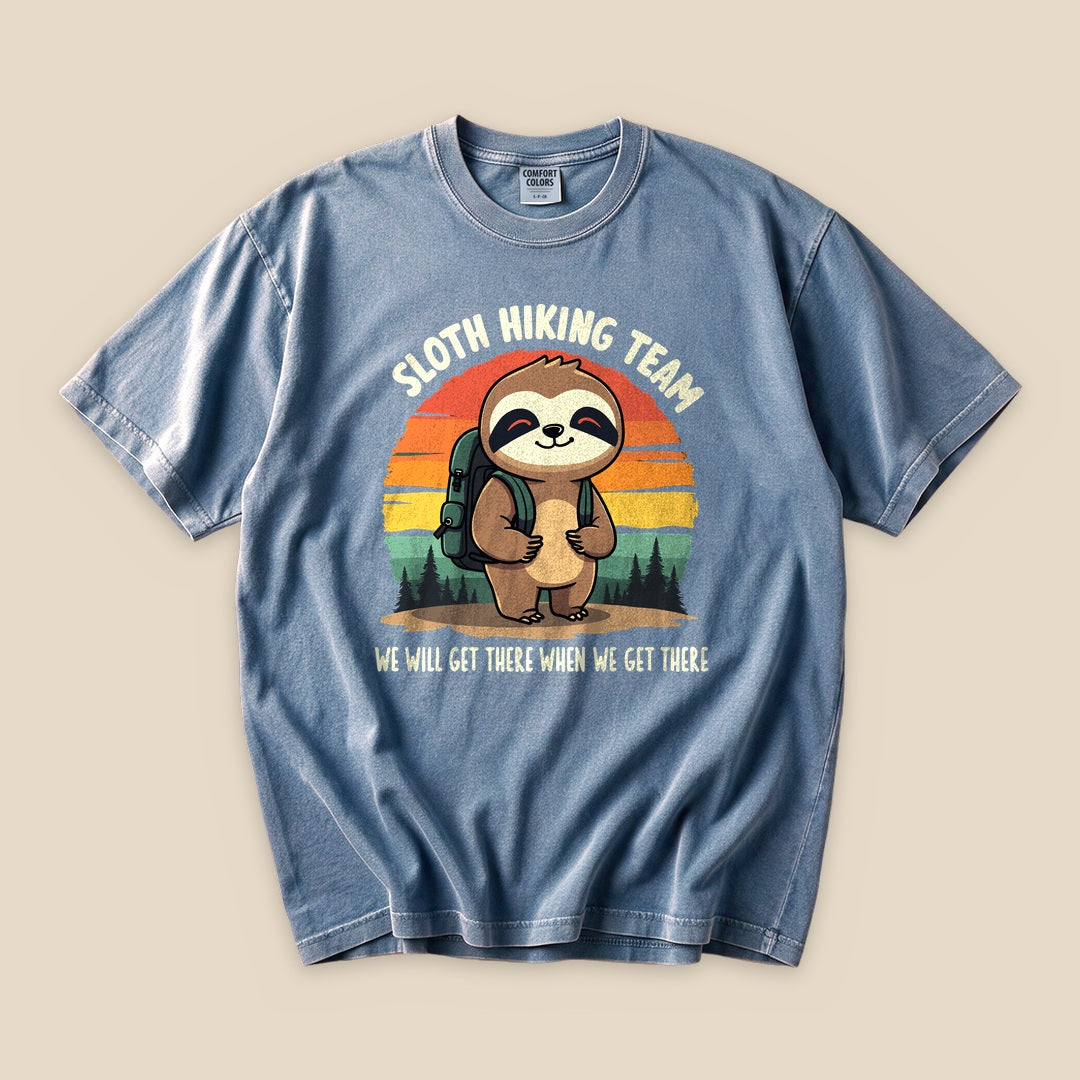 Blue Jean Sloth Hiking Team T-Shirt with a hiking sloth and retro forest sunset graphic