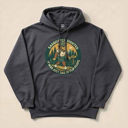 The "Sasquatch Sighted Hoodie" features a graphic of a humorous Sasquatch wearing flip-flops, surrounded by trees and mountains.