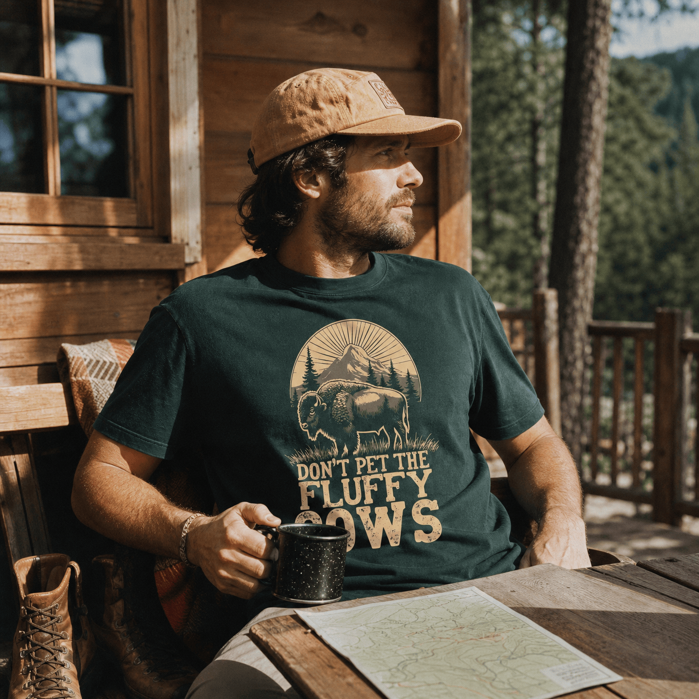 A man sits outdoors at a cabin, wearing a graphic t-shirt featuring a bison and the phrase "Don't Pet the Fluffy Cows.