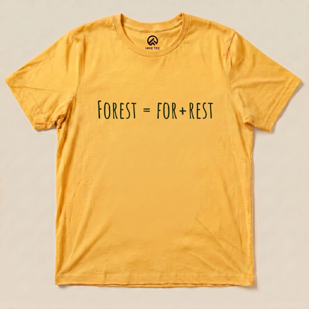 A flat lay of a yellow graphic t-shirt featuring the text "FOREST = FOR + REST," labeled as the Forest For Rest Shirt.