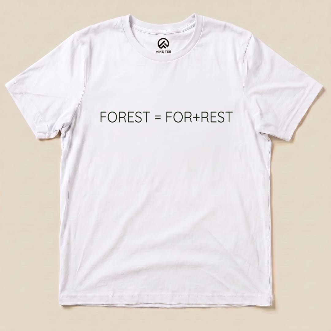 White graphic t-shirt featuring the slogan "FOREST = FOR+REST" printed in green letters on the front.
