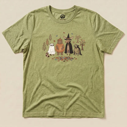 The graphic t-shirt features a whimsical illustration of forest animals in costumes, titled "Forest Friends Costume Party Shirt.