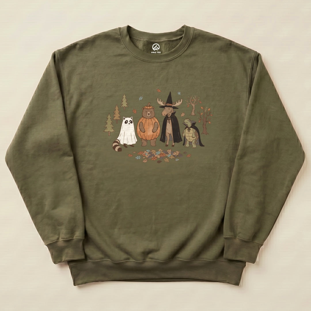 Military Green Forest Friends Costume Party Sweatshirt with a forest animal Halloween costume party graphic